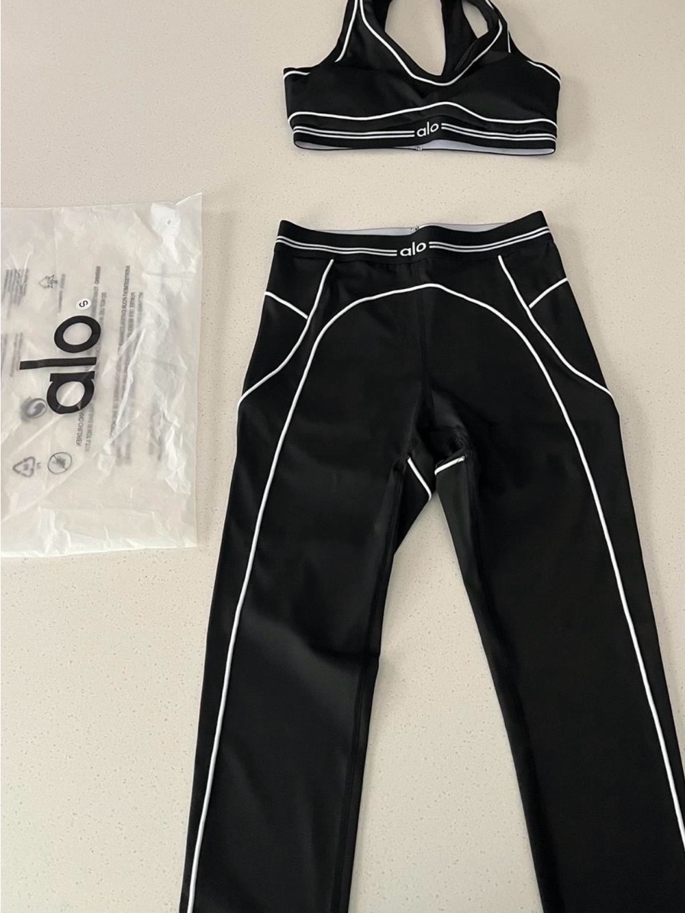 ALO Yoga Kids Black Leggings with White Piping